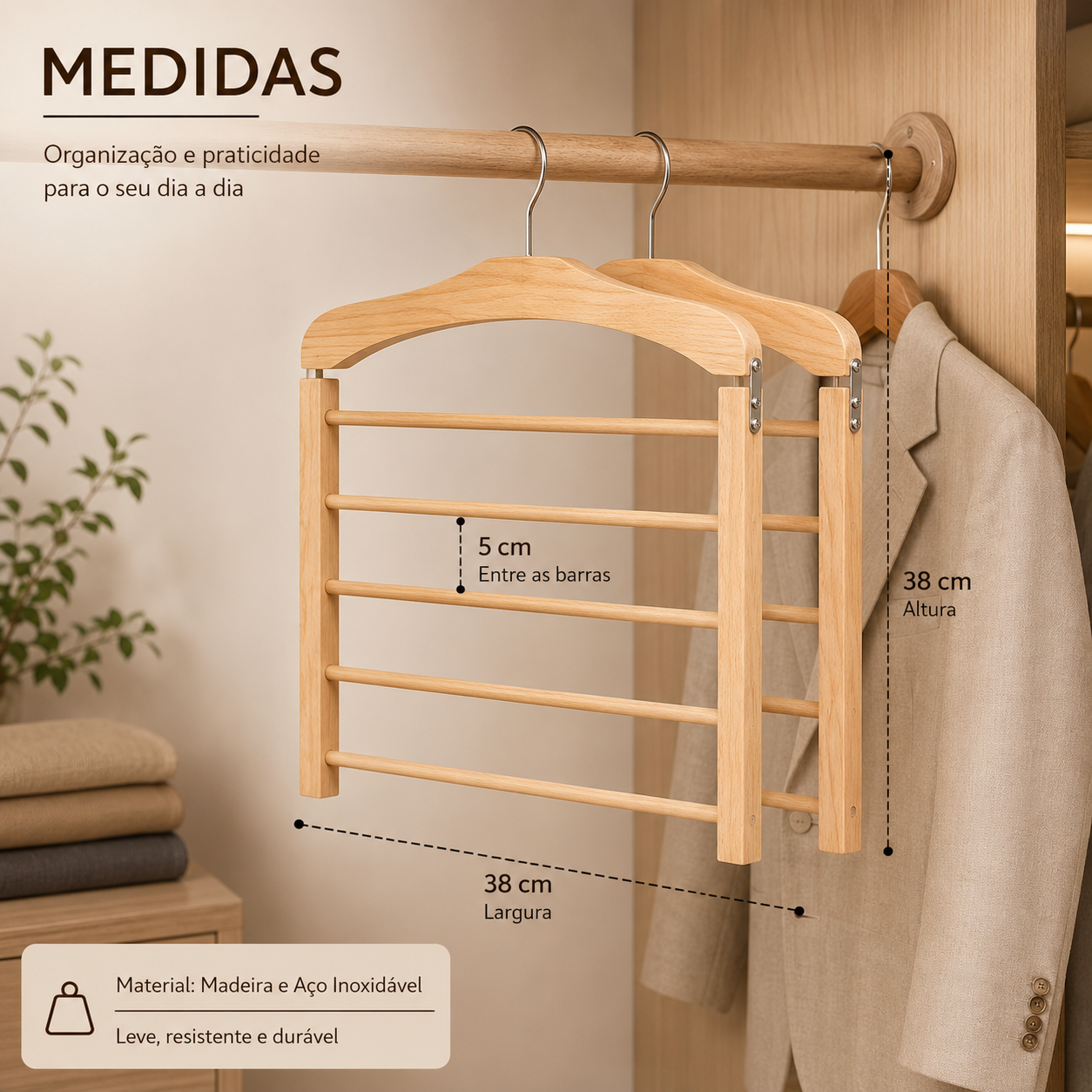 Cabideiro Multifuncional de Madeira Maciça com Várias Hastes