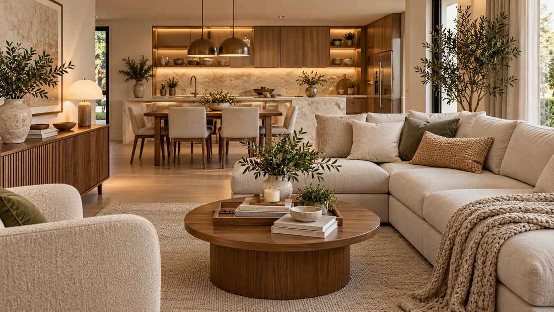 Sala com sofá claro e almofadas integrada à cozinha com móveis de madeira