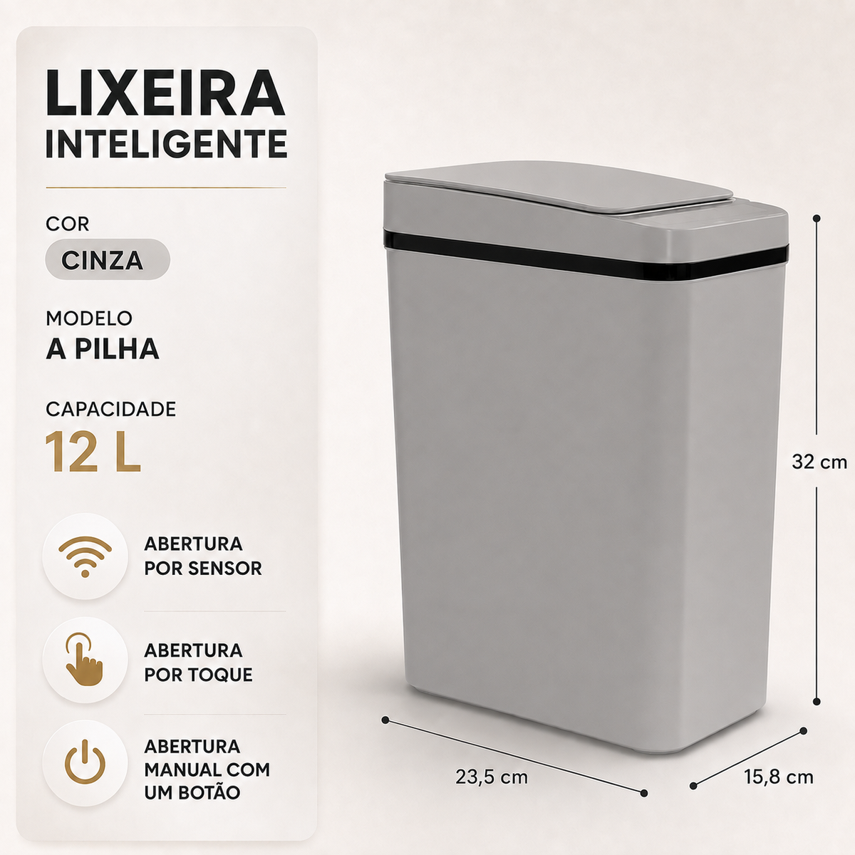 Lixeira automática cinza de 12 L com sensor
