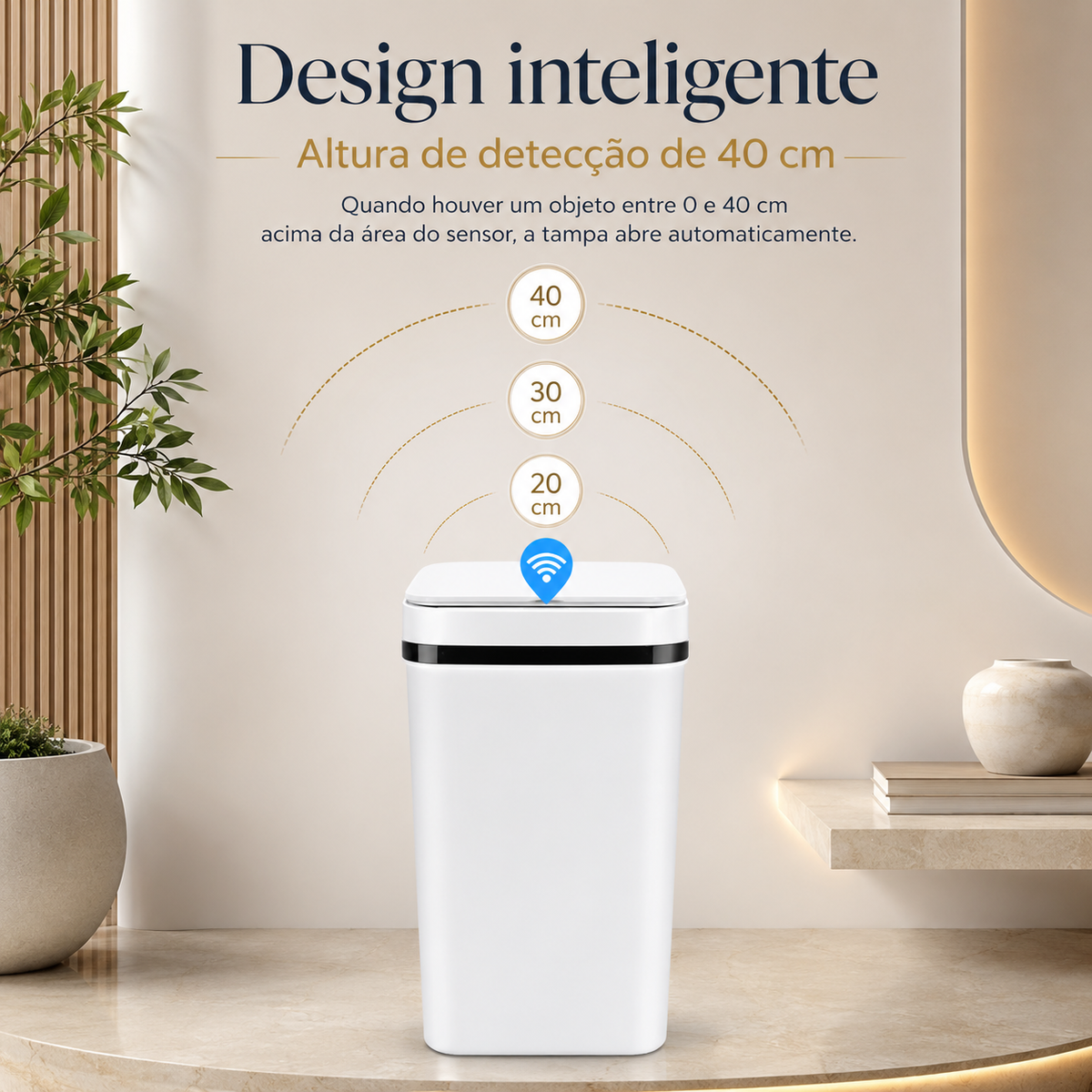 Lixeira automática branca de 12 L com design compacto