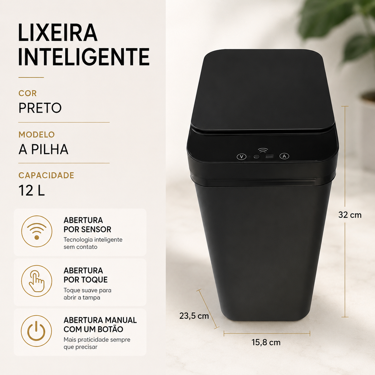 Lixeira automática preta de 12 L para banheiro ou cozinha