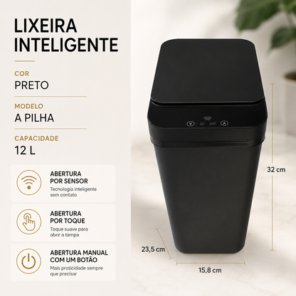 Lixeira automática preta de 12 L para banheiro ou cozinha