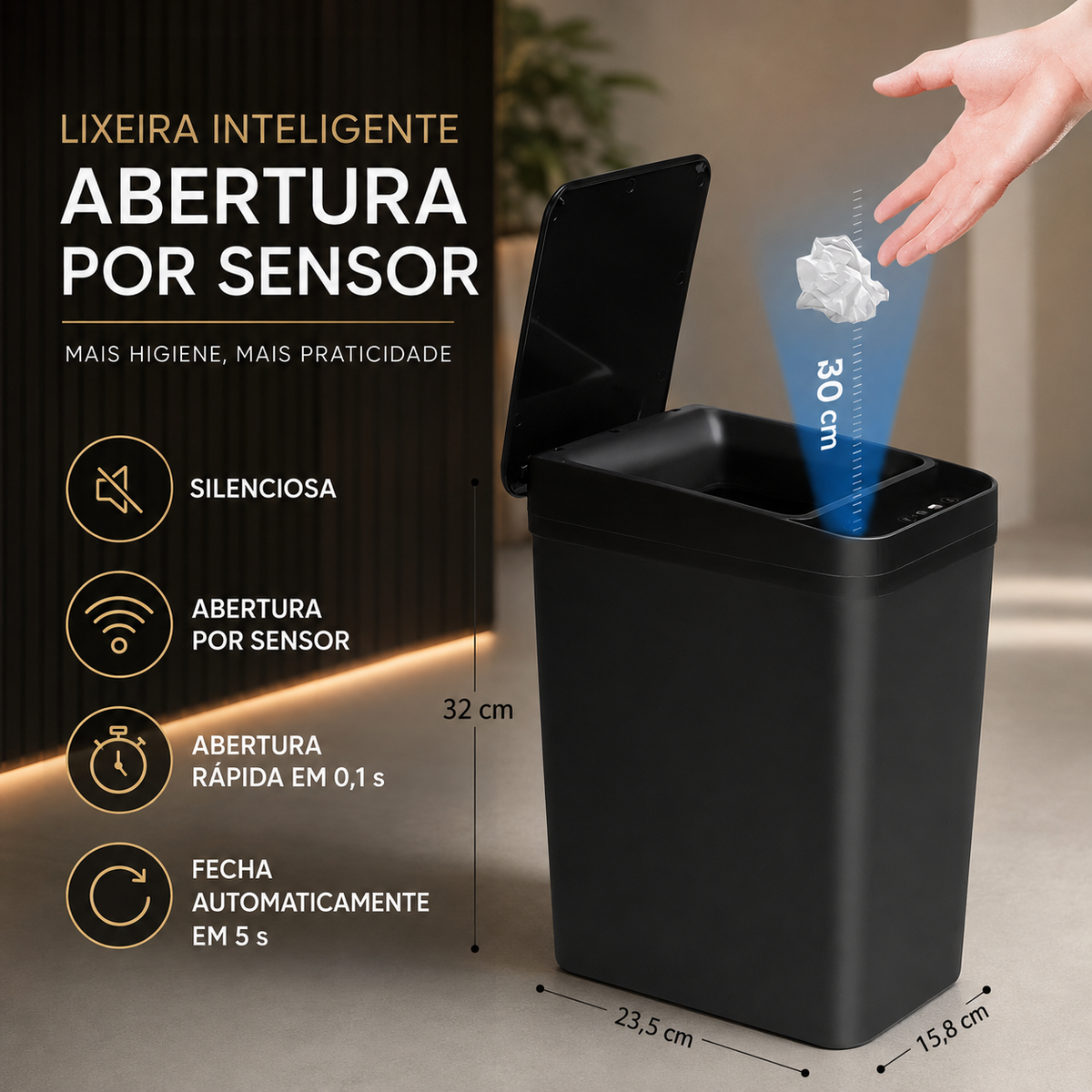 Lixeira automática preta com sensor de aproximação