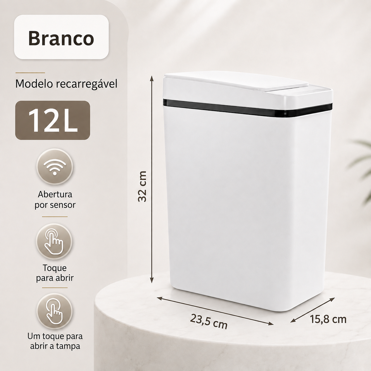 Lixeira automática branca com sensor de aproximação