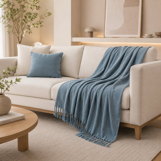 Manta Chenille com Franjas e Borlas - Decorativa sofá e cama