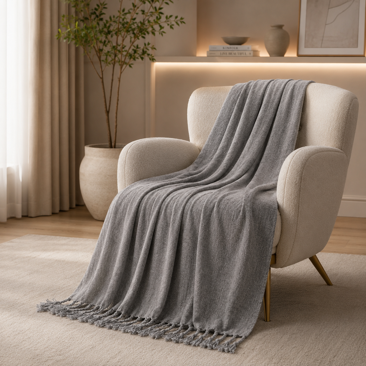 Manta Chenille com Franjas e Borlas - Decorativa sofá e cama
