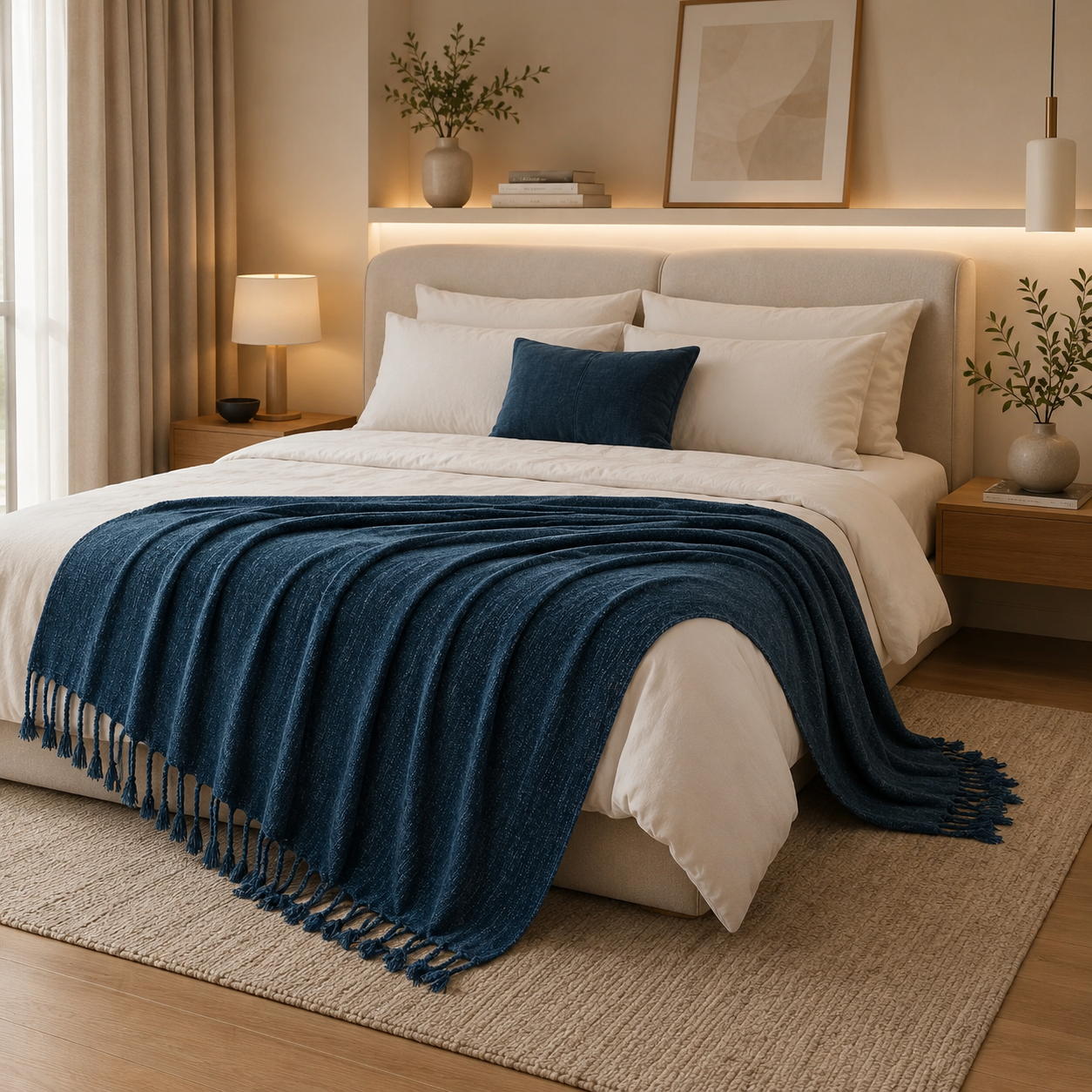 Manta Chenille com Franjas e Borlas - Decorativa sofá e cama