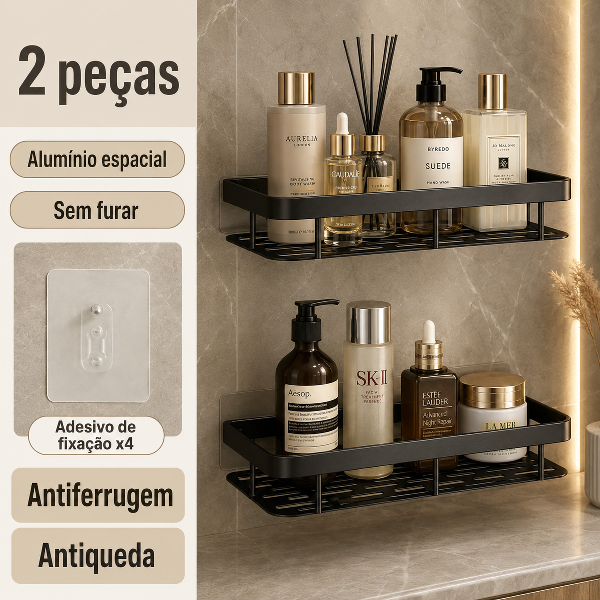 Kit com 2 prateleiras de alumínio sem furos para banheiro