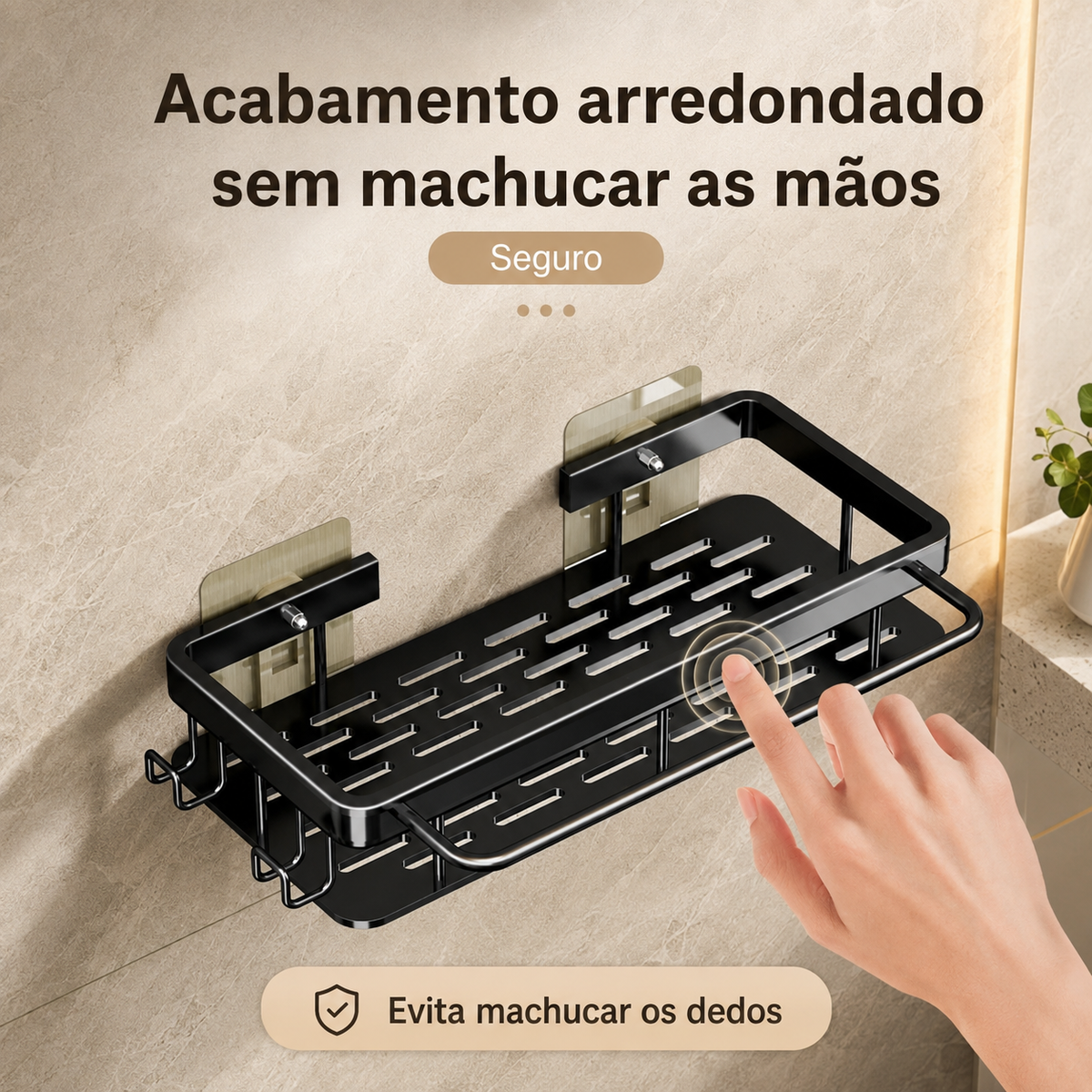 Detalhe do acabamento arredondado da prateleira de alumínio para banheiro