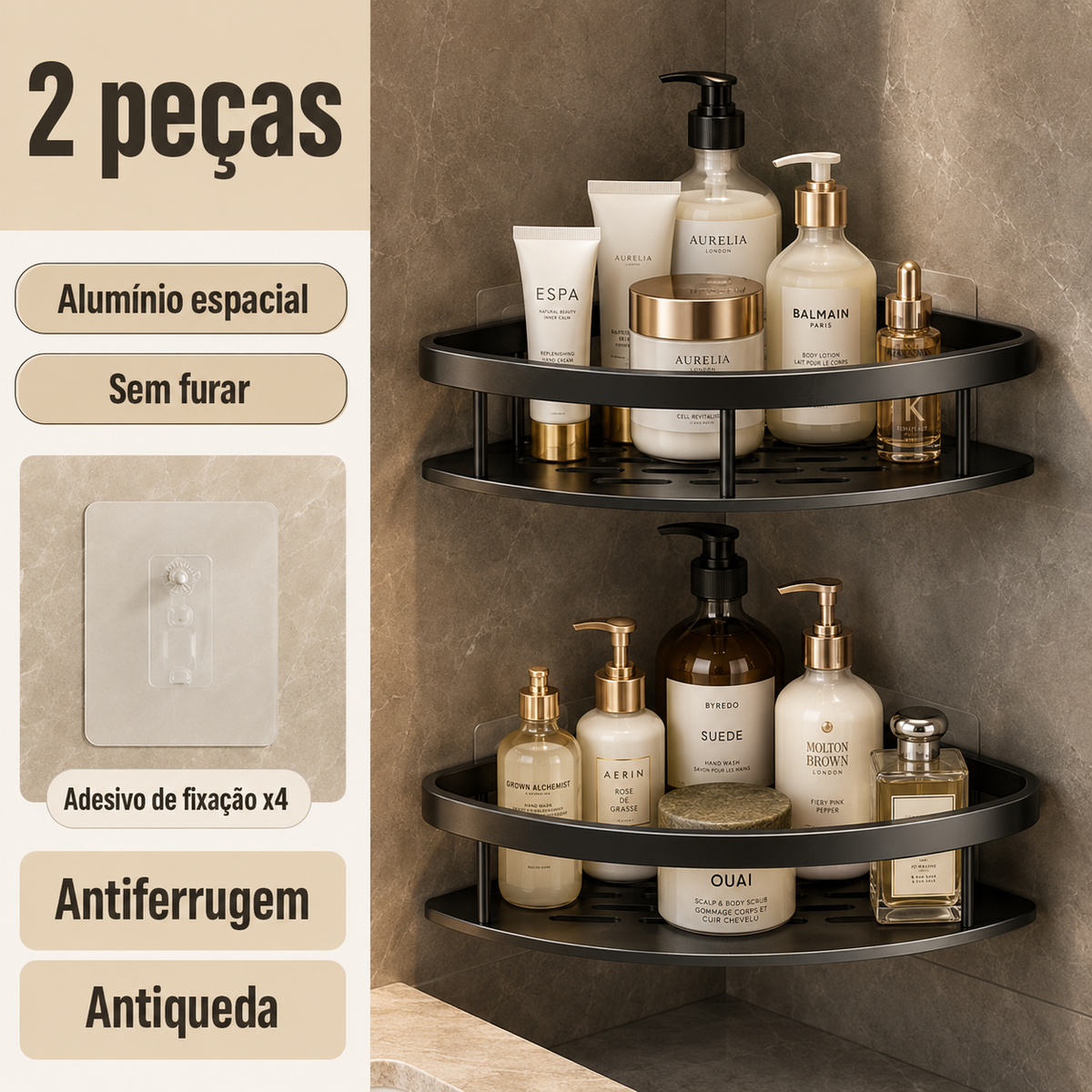 Kit com 2 prateleiras de canto em alumínio para banheiro