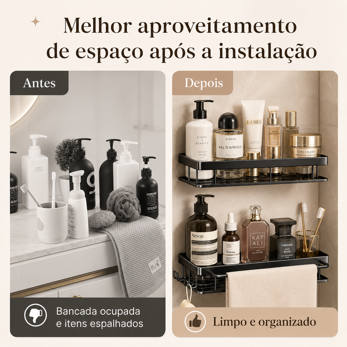 Prateleira de alumínio para organizar shampoo e itens no banheiro