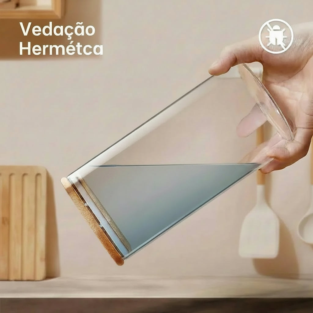 Potes Herméticos de Vidro com Tampa de Bambu - Kit 3 Tamanhos