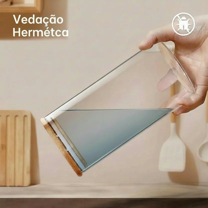 Potes Herméticos de Vidro com Tampa de Bambu - Kit 3 Tamanhos