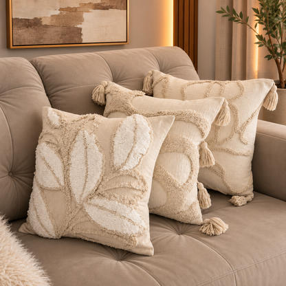 Capa de Almofada Jacquard bege com Borla 45x45cm - Decorativa Premium