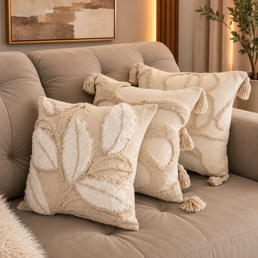 Capa de Almofada Jacquard bege com Borla 45x45cm - Decorativa Premium