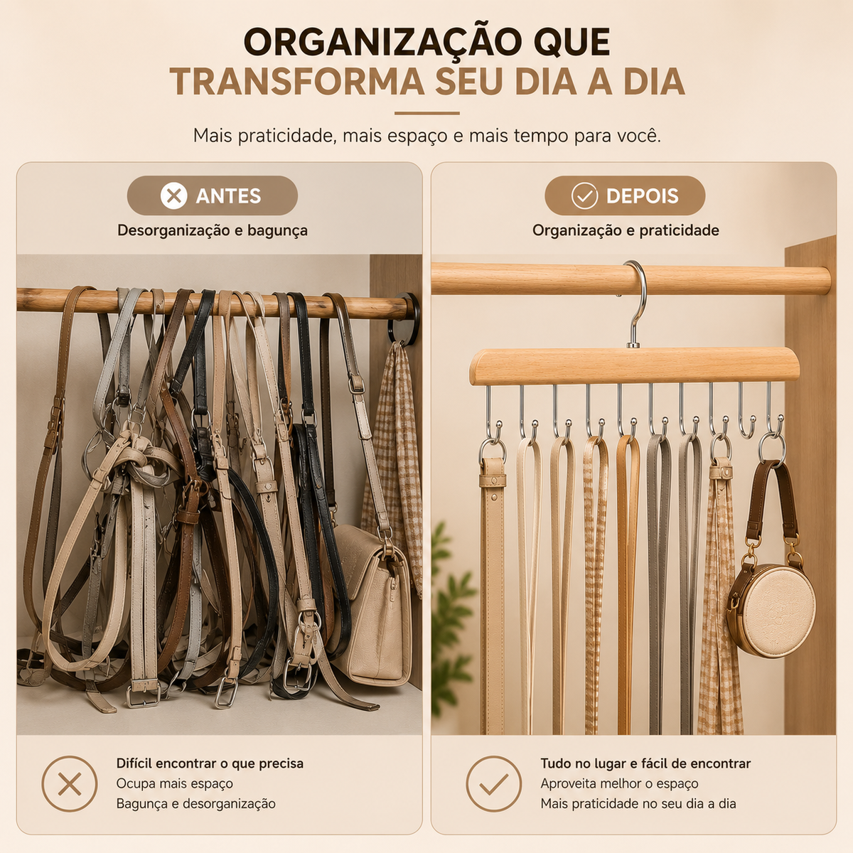 Antes e depois da organização do closet com organizador de madeira
