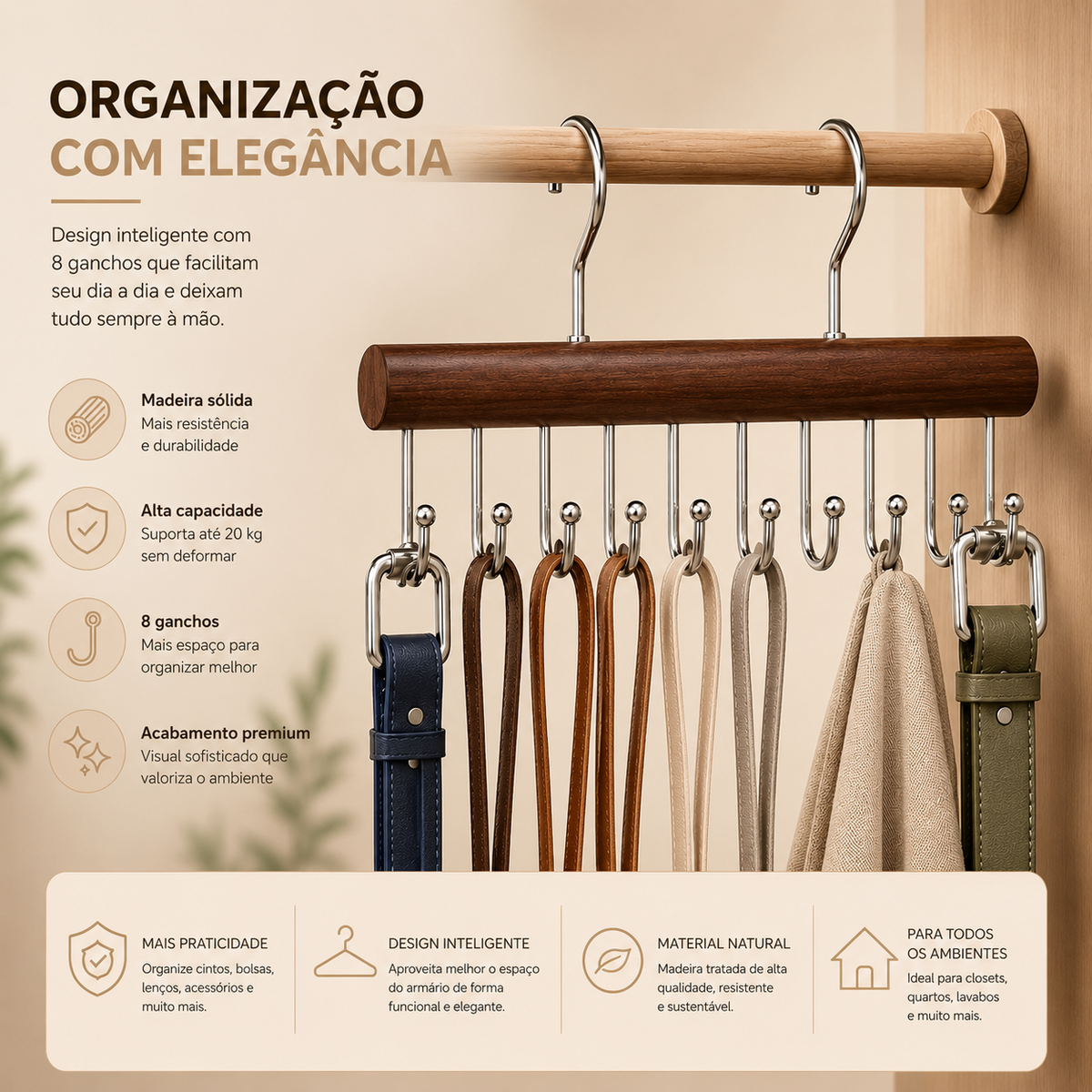 Organizador de madeira escura com ganchos para closet