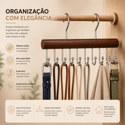 Organizador de madeira escura com ganchos para closet