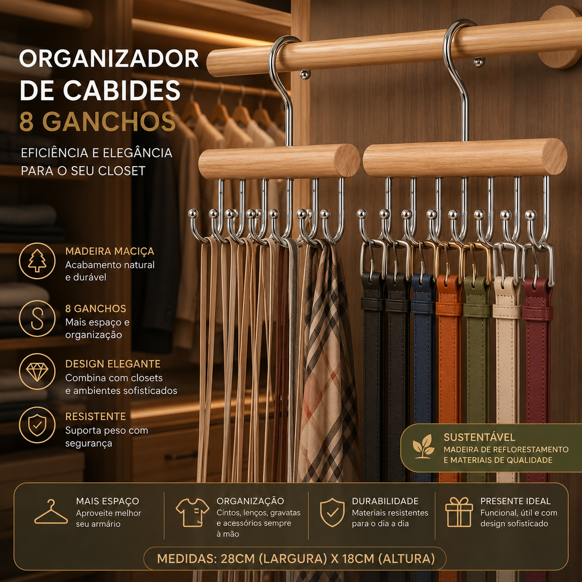 Organizador de madeira natural com ganchos para closet