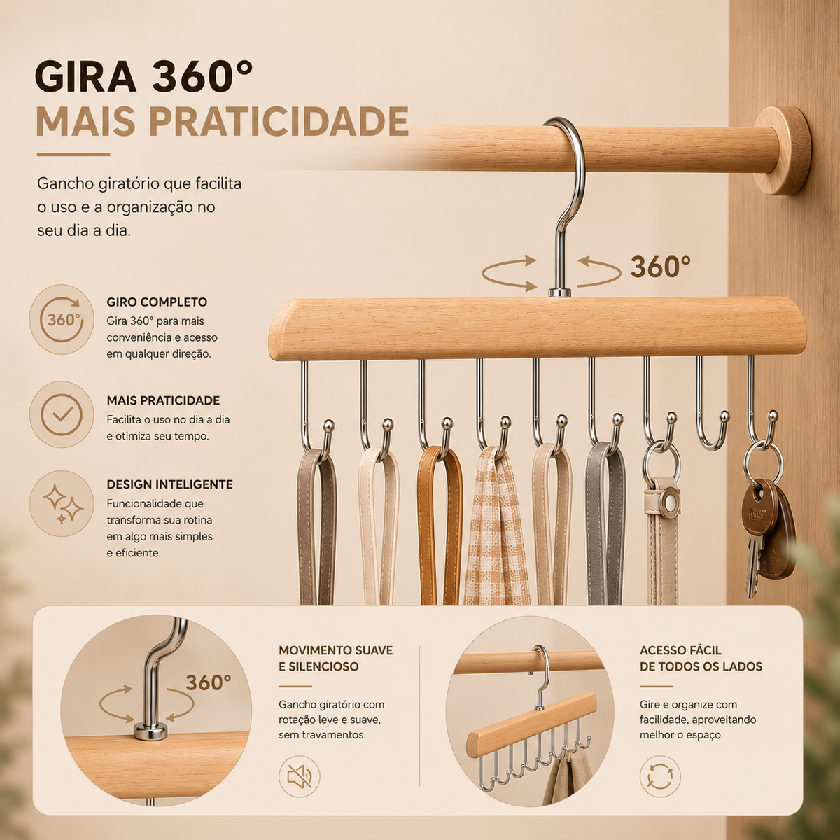 Organizador de madeira e aço inox com ganchos para closet