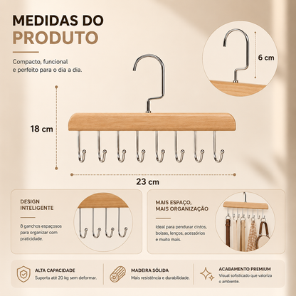 Organizador multifuncional de madeira com ganchos para closet