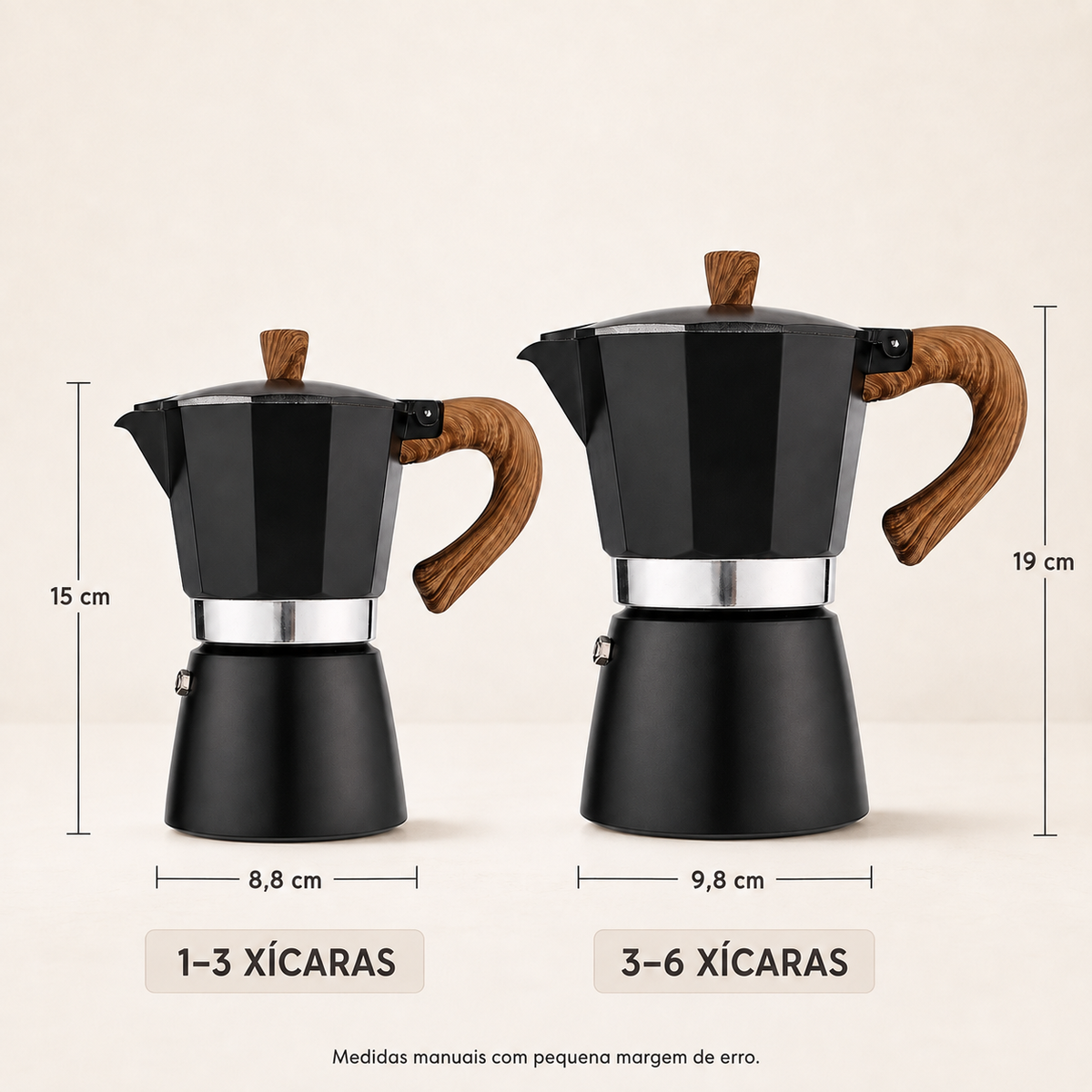 Tamanhos disponíveis da cafeteira moka preta com cabo de madeira