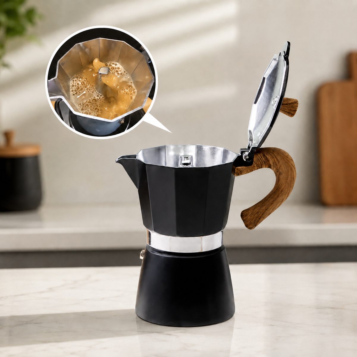Cafeteira moka vintage preta com cabo de madeira