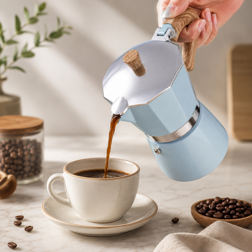 Cafeteira moka vintage com cabo de madeira