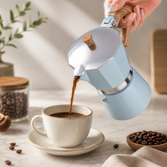 Cafeteira moka vintage com cabo de madeira