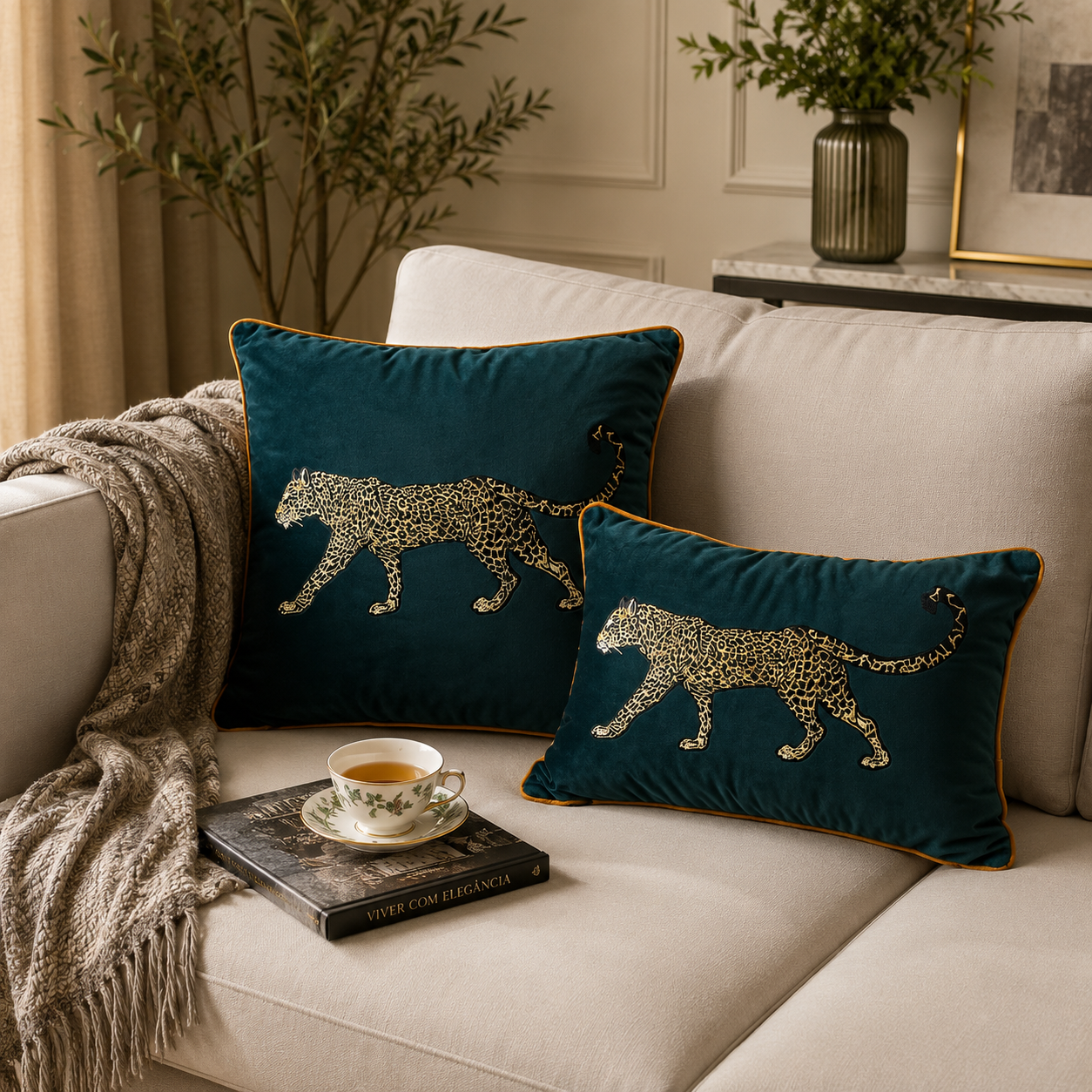 Capa de Almofada Bordada Estampa Onça - Decoração Luxuosa