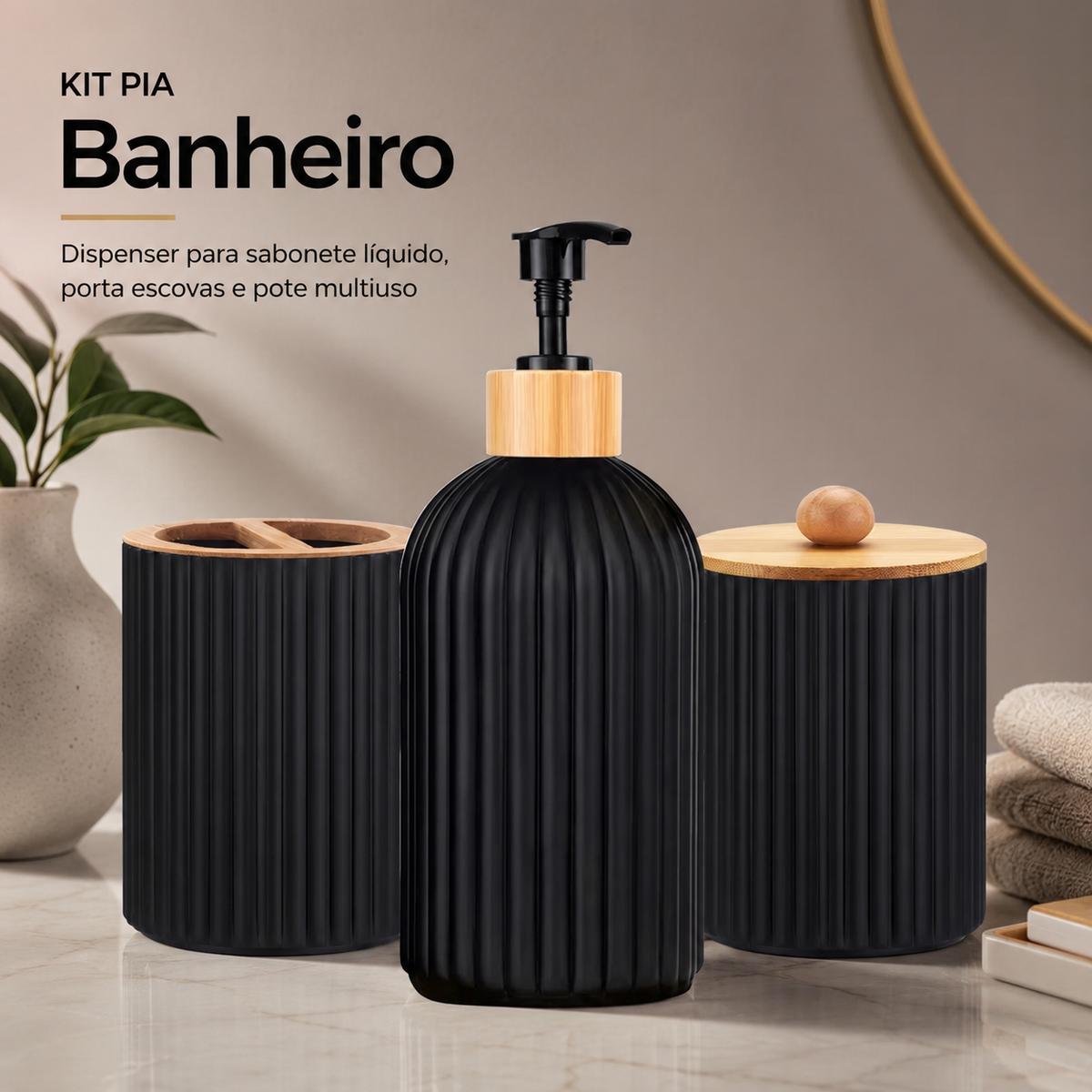 Kit organizador para banheiro preto com dispenser e tampa de bambu