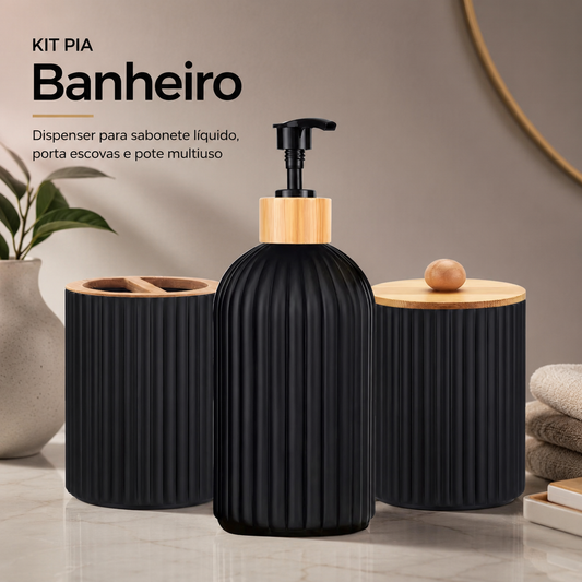 Kit organizador para banheiro preto com dispenser e tampa de bambu