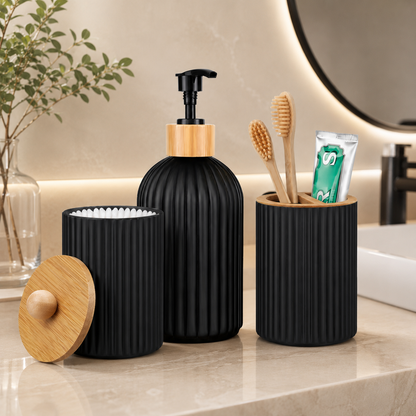Conjunto organizador para banheiro preto e bambu com dispenser e porta-algodão