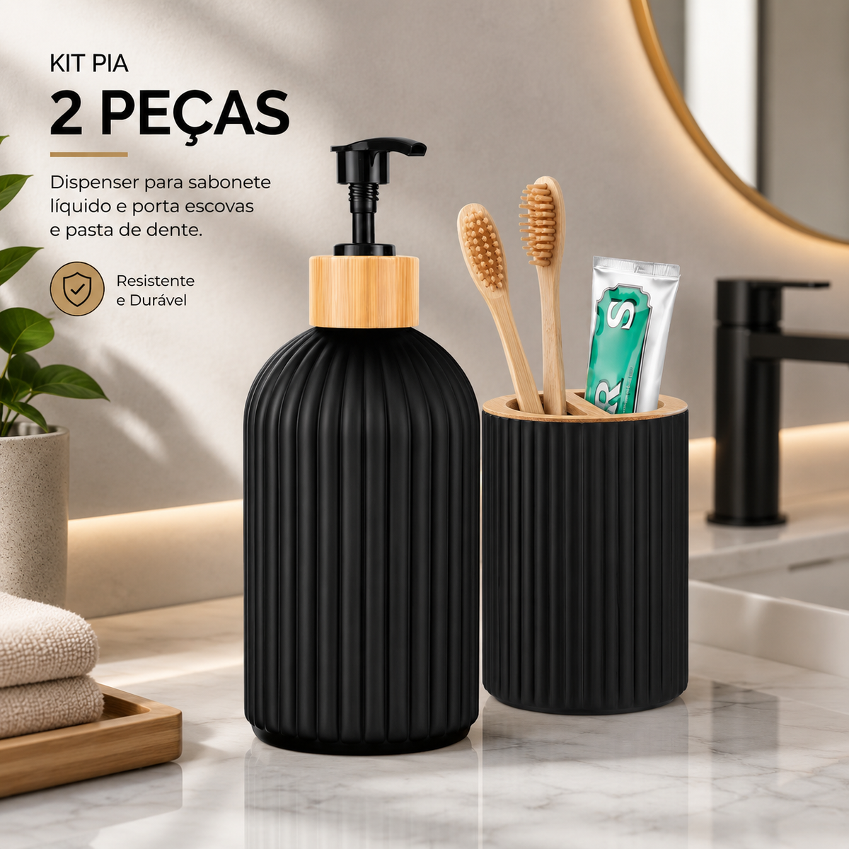 Kit organizador para banheiro preto e bambu com 2 peças