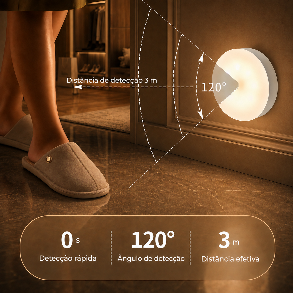 Luz LED com sensor de movimento instalada entre quarto e escada