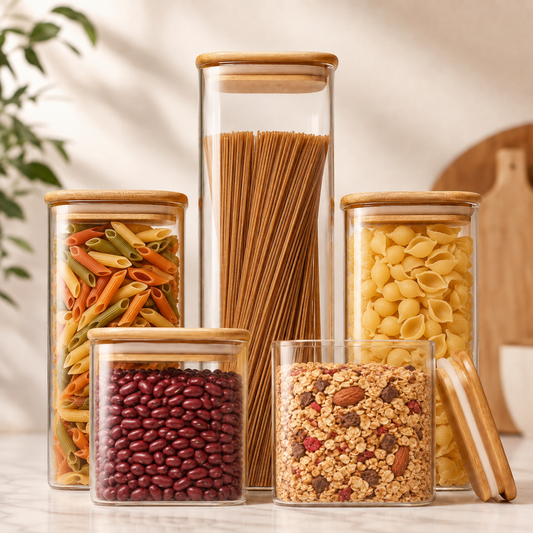 Kit de potes herméticos de vidro com tampa de bambu