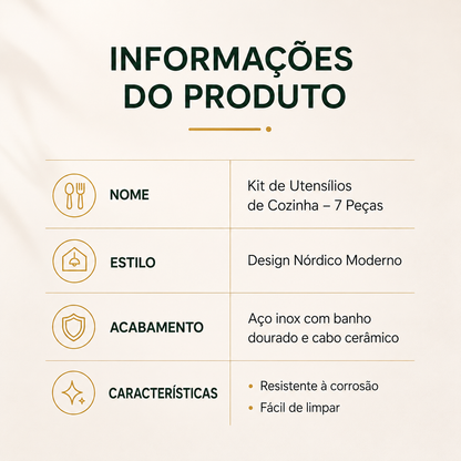 Kit de Utensílios de Cozinha em Aço Inoxidável 7 Peças
