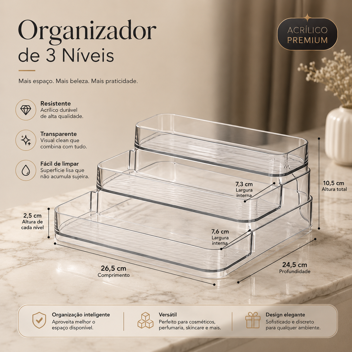 Medidas do organizador acrílico de 3 níveis para cosméticos
