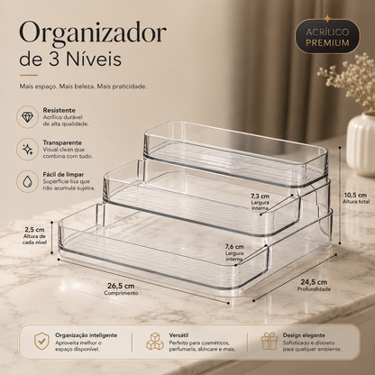 Medidas do organizador acrílico de 3 níveis para cosméticos
