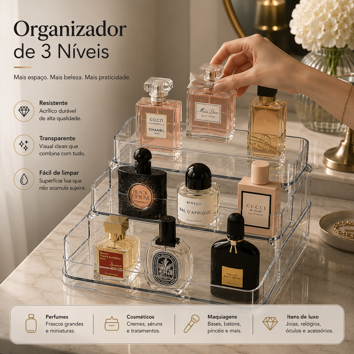 Organizador acrílico de 3 níveis para perfumes e cosméticos