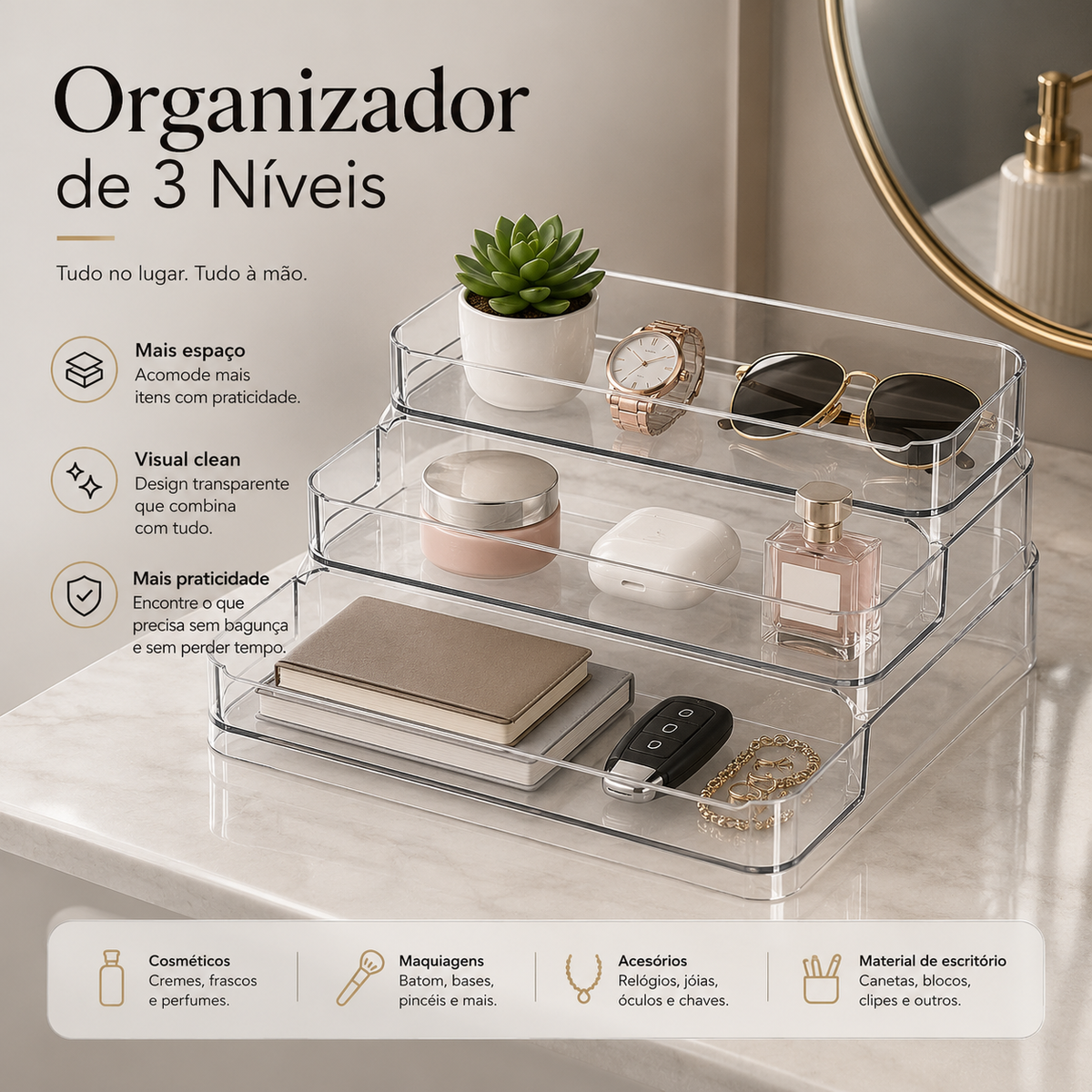 Organizador transparente de 3 níveis para perfumes e cosméticos