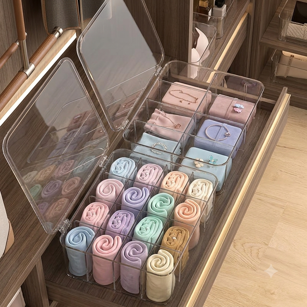 Organizador acrílico transparente com tampa para closet