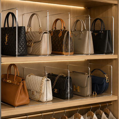 Organizador acrílico transparente para bolsas em closet