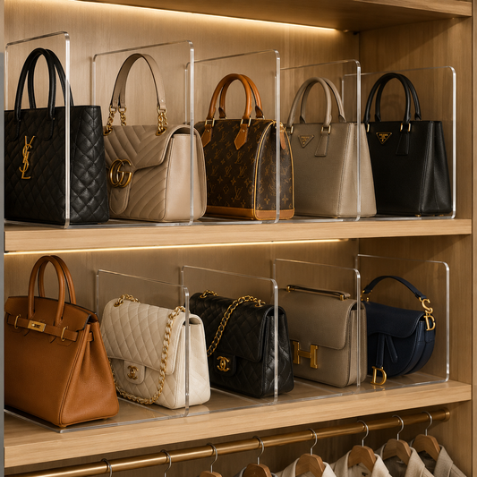 Organizador acrílico transparente para bolsas em closet