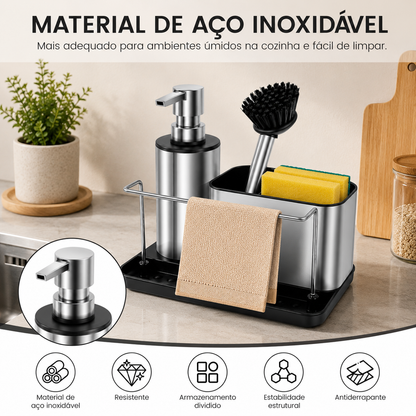 Organizador de pia em inox com dosador de detergente