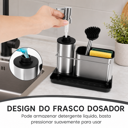 Organizador de pia em inox com dosador de detergente