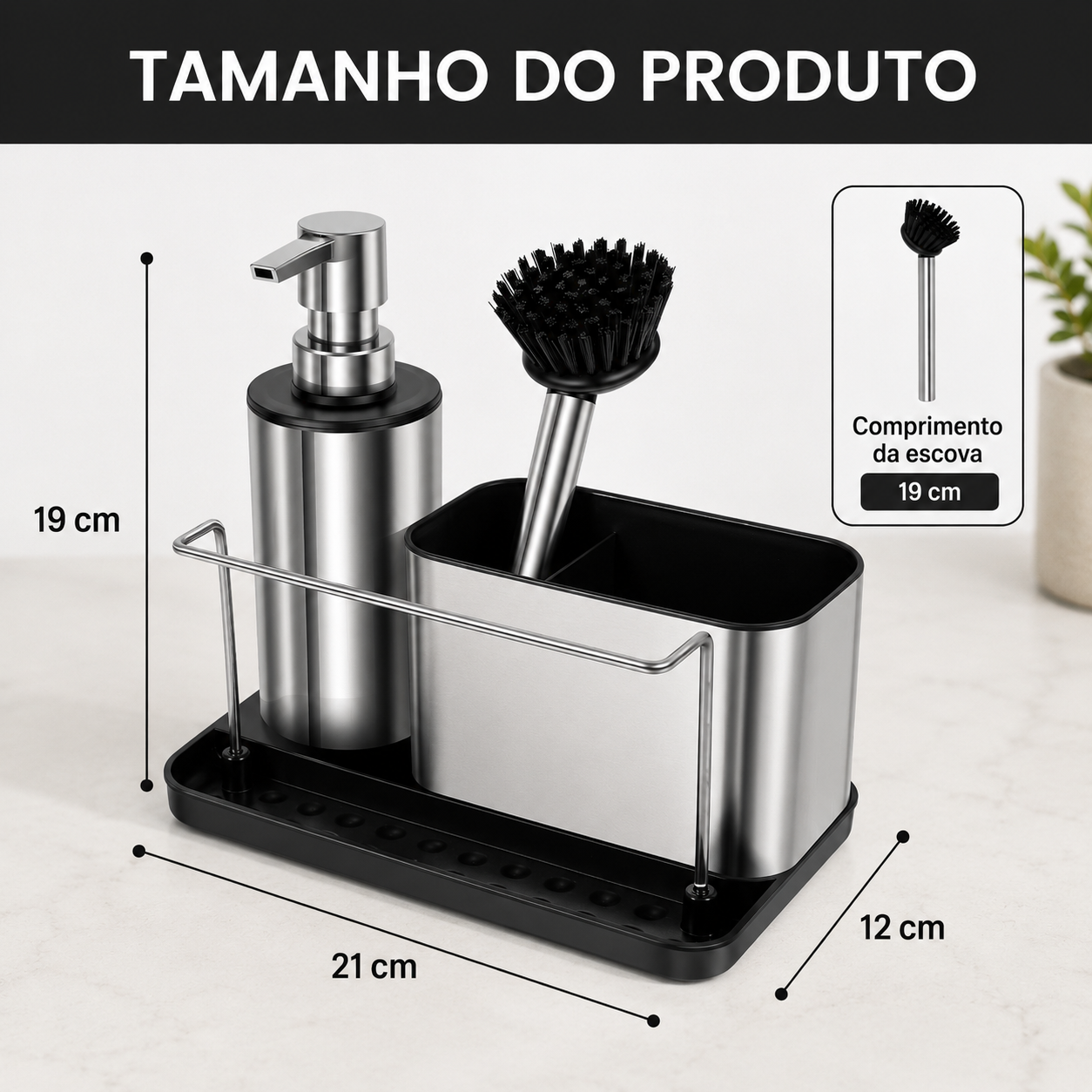Organizador de pia em inox com dosador de detergente