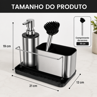 Organizador de pia em inox com dosador de detergente