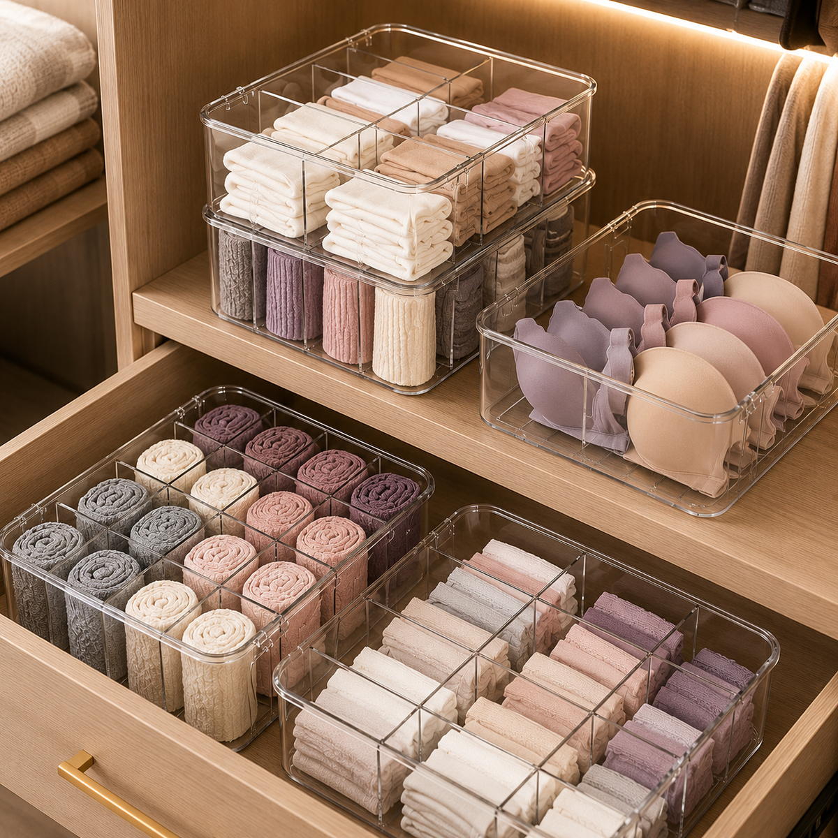 Organizador de gaveta acrílico em closet organizado