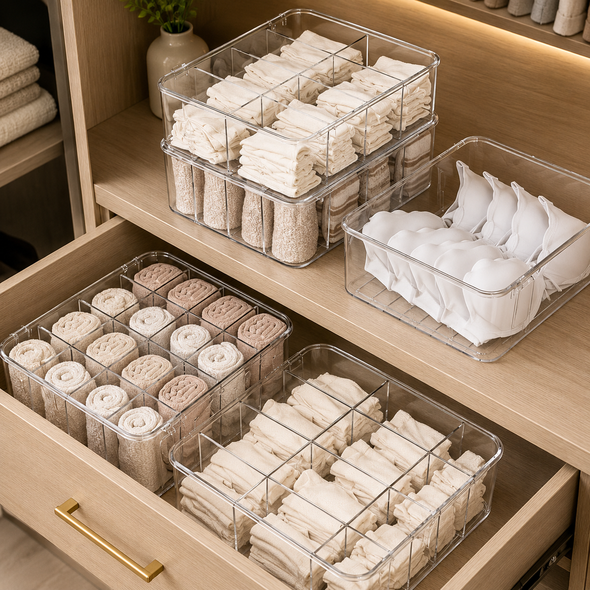 Organizador acrílico de gaveta para roupas íntimas